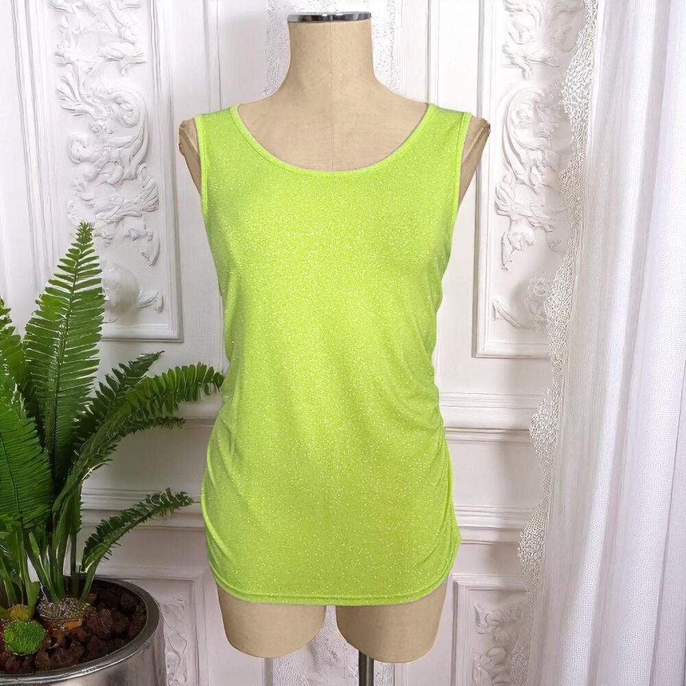 BEREK Glittery Sparkle Neon Green Yellow Rouched Side Tank Top Shirt M